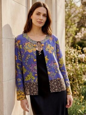 Vintage Artful Floral Kimono Style Jacket • Purple Gold Patchwork• Carole Little